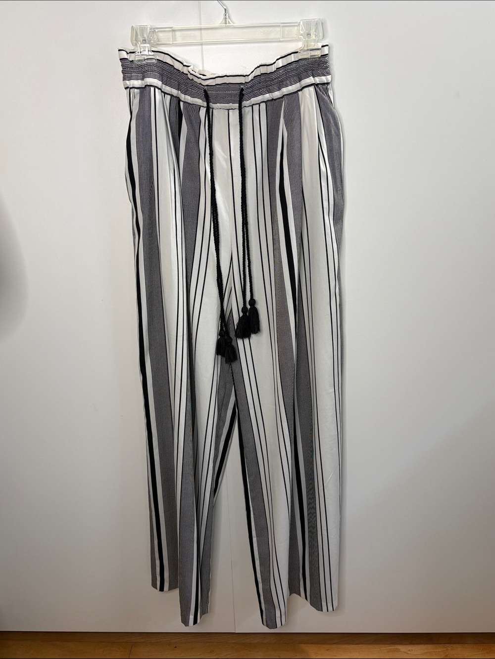 Zara Black & White Vertical Stripe Wide-Leg Drawstring Flowy Pants S